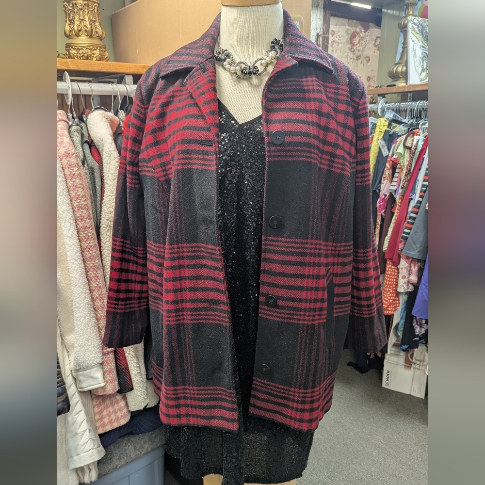 J. Jill Red and Black Plaid Jacket Pea Coat